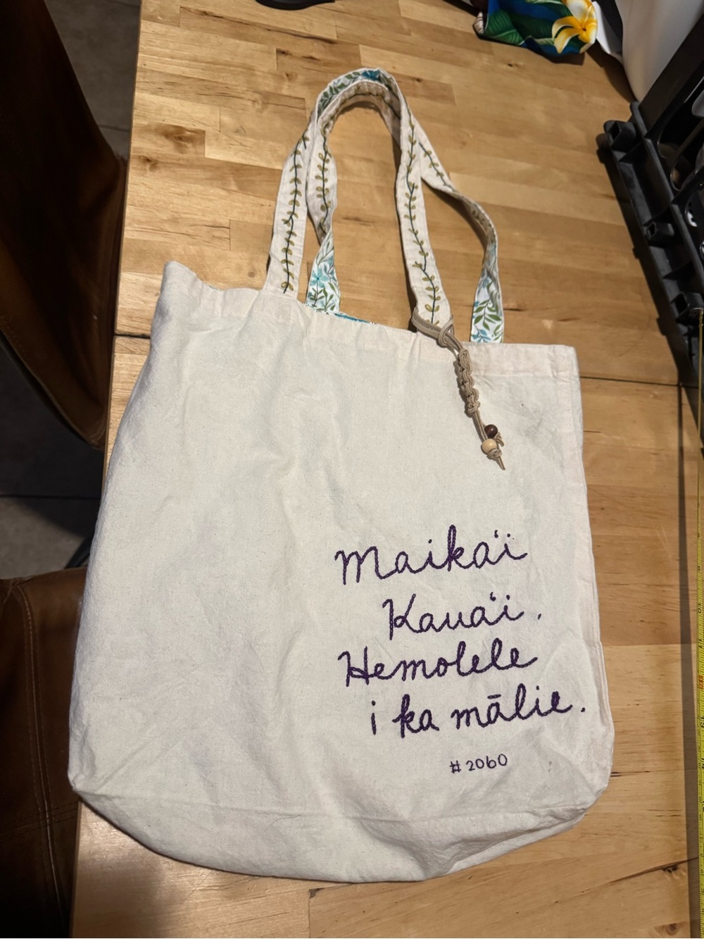 Cotton Tote Bag with Hawaiian Embroidered Script and handles - White
